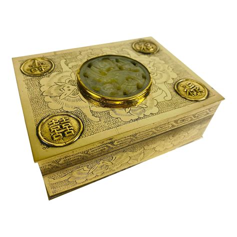 Vintage Solid Brass and Jade Chinese Trinket Box 